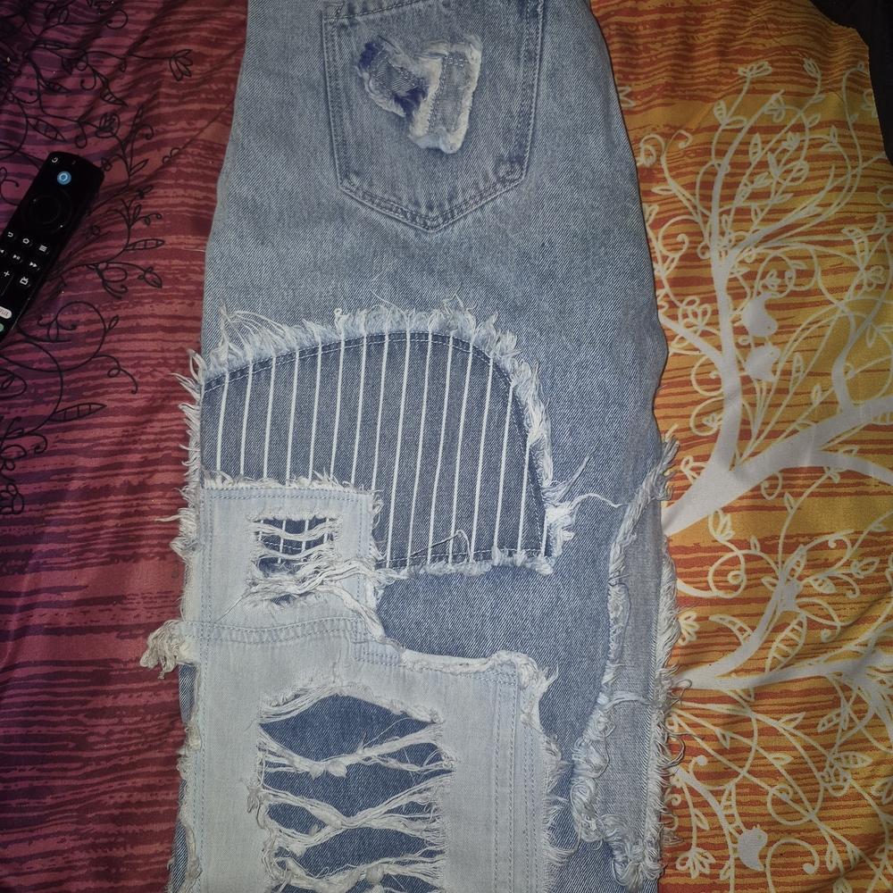 AKIRA Light Blue Distressed Patchwork Straight Le… - image 3